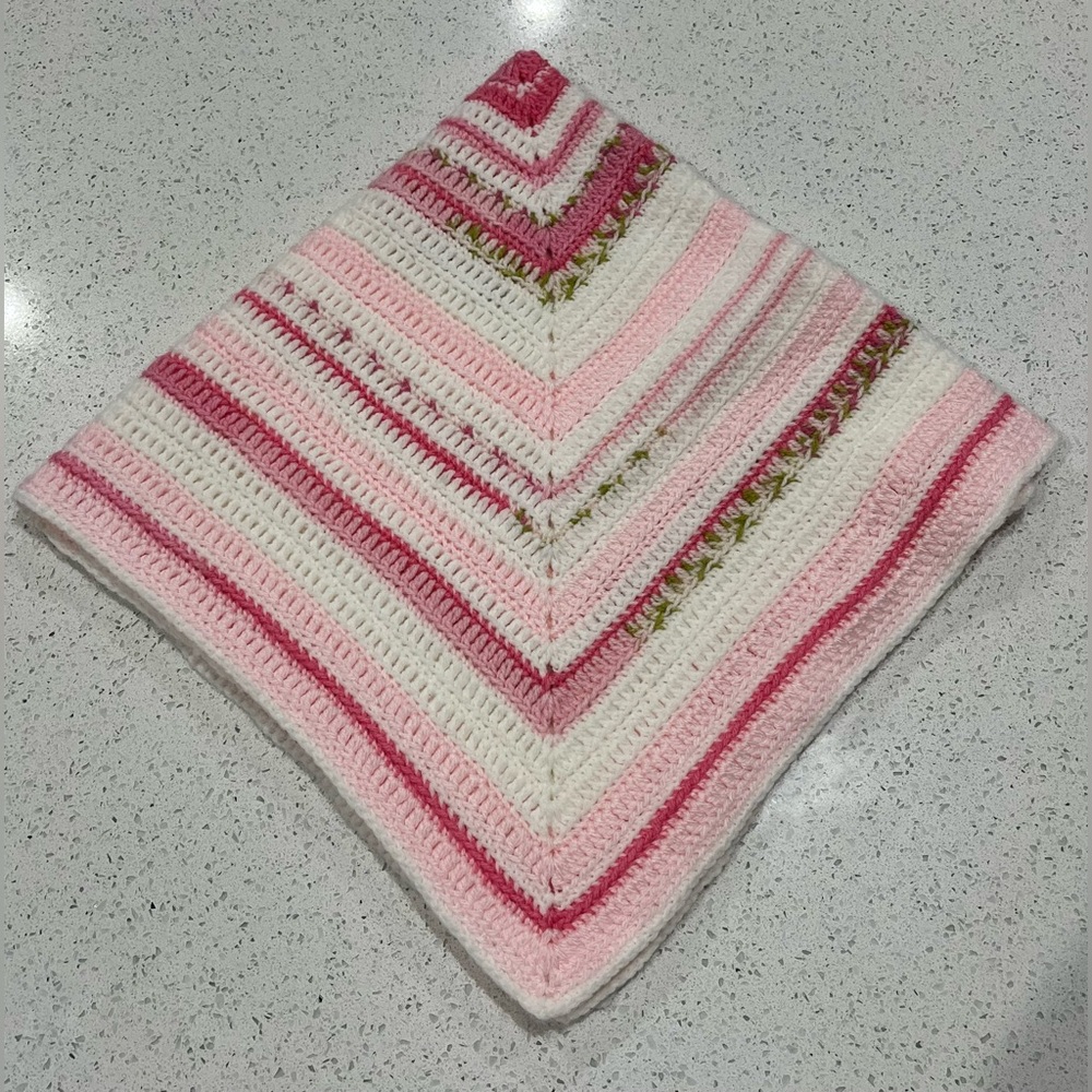 Handmade Crocheted Baby Blanket - Pink & White Stripes 29” X 29”